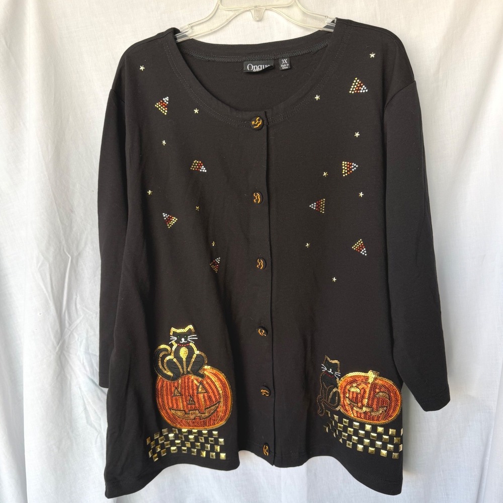 Onque Halloween Grandma Teacher Casual Cardigan Black Sequin Cat Pumpkin Plus 3X